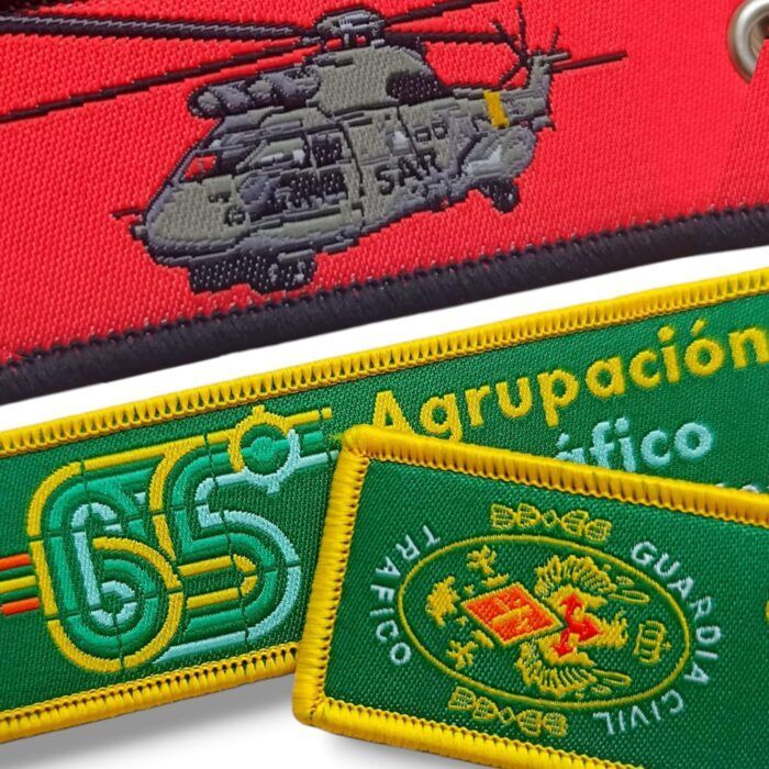 Custom Spain Police Embroidery Key Tag Double Sided Woven Keychain for Uniform and Duty Use OEM
