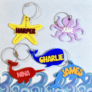 Sea Creatures Name Tag for Beach Tote, Ocean Theme Backpack Tag, Lunchbox Identifier, Birthday Party Favors Pvc Keychain