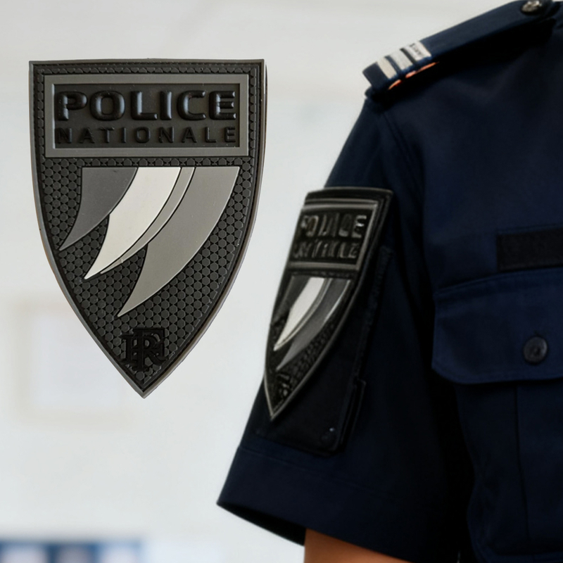 Custom 3D PVC French Style Grey Patch Soft Rubber Emblem Badge with Hook and Loop Backing for Uniform and Outdoor Gear