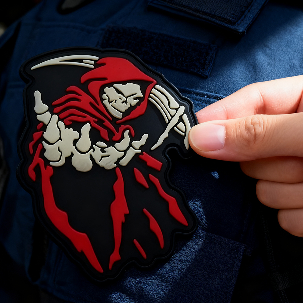 Custom Death Reaper Glow in the Dark PVC Patch 3D Rubber Badge with Hook and Loop Backing for Jackets and Bags