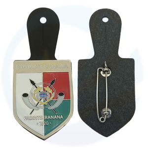 Factory designed high quality metal safety custom wholesale leather soft enamel pin badge with black leather