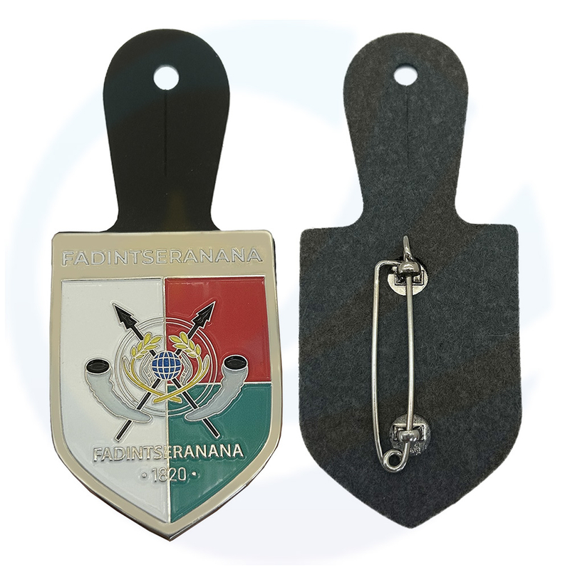 Factory designed high quality metal safety custom wholesale leather soft enamel pin badge with black leather