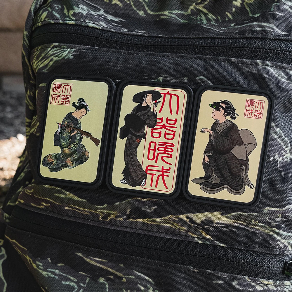 PVC Morale Patch with Camo Geishas Japanese Inspired Design Hook and Loop Backing Limited Production 3 x 2 Inch Patch