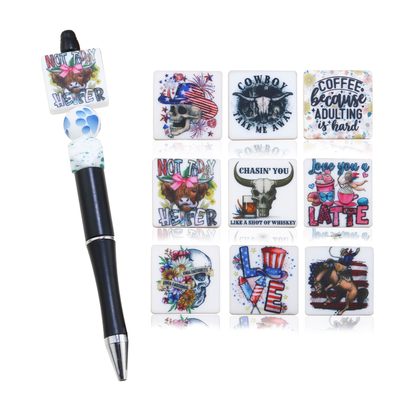 Wholesale Customized Logo Printing Silicone Beads Round Heart Square Rectangle Beaded Pen Focal For Jewelry Bracelets