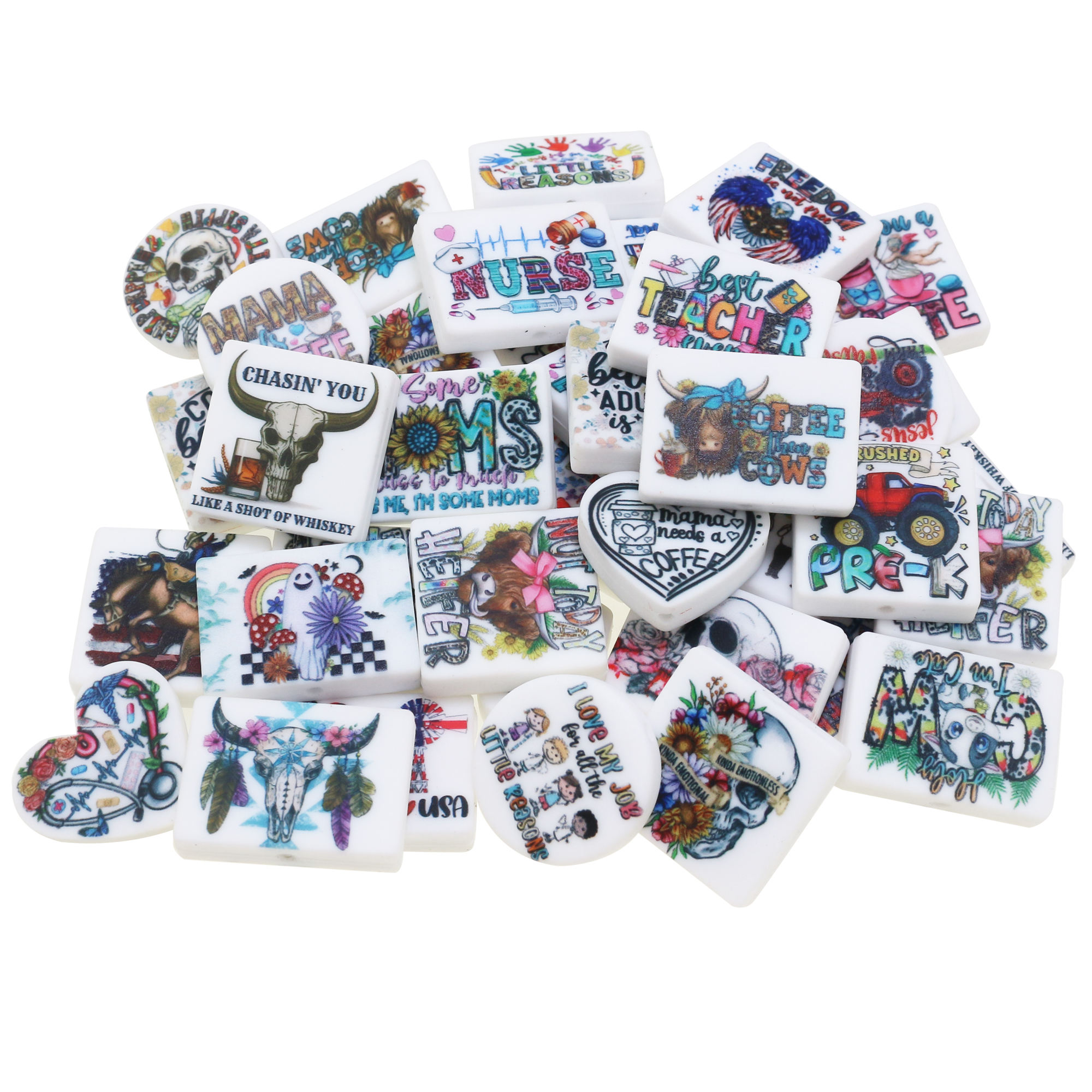 Wholesale Customized Logo Printing Silicone Beads Round Heart Square Rectangle Beaded Pen Focal For Jewelry Bracelets