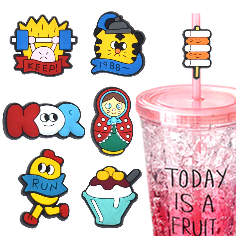 Wholesale pvc fit for 6mm drinking Korean cute cartoon tumbler straw topper holidays silicone Korean straw topper