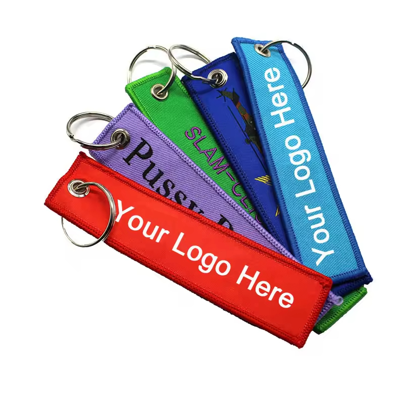 OEM Shape Label Logo Woven Gift Motorcycle Car Polyester Sublimation Embroidered Key Ring Chain Anime Custom Keychain Jet Tags