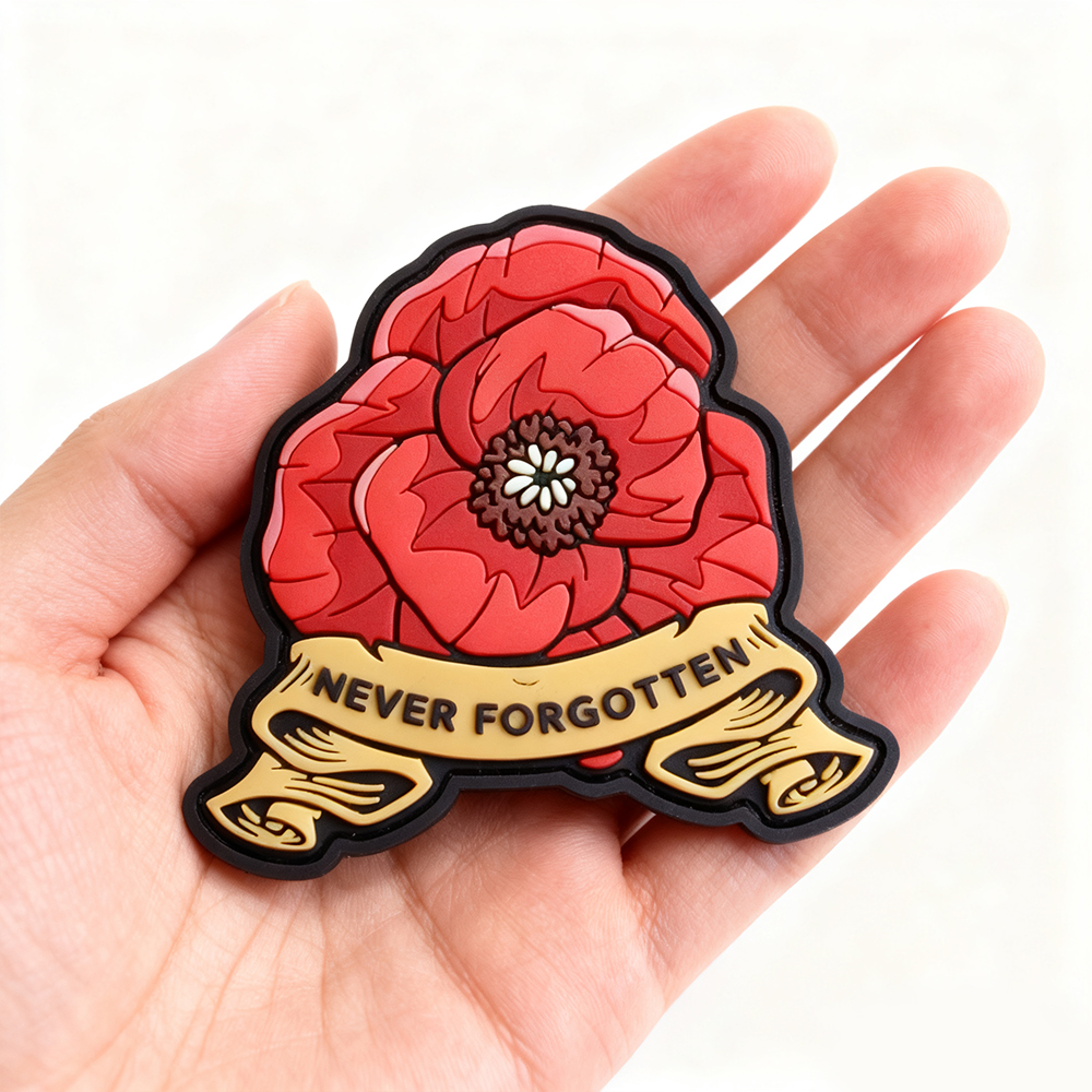Custom “Never Forgotten” Poppy PVC Patch Soft Rubber Red Flower Memorial Badge Hook and Loop Backing