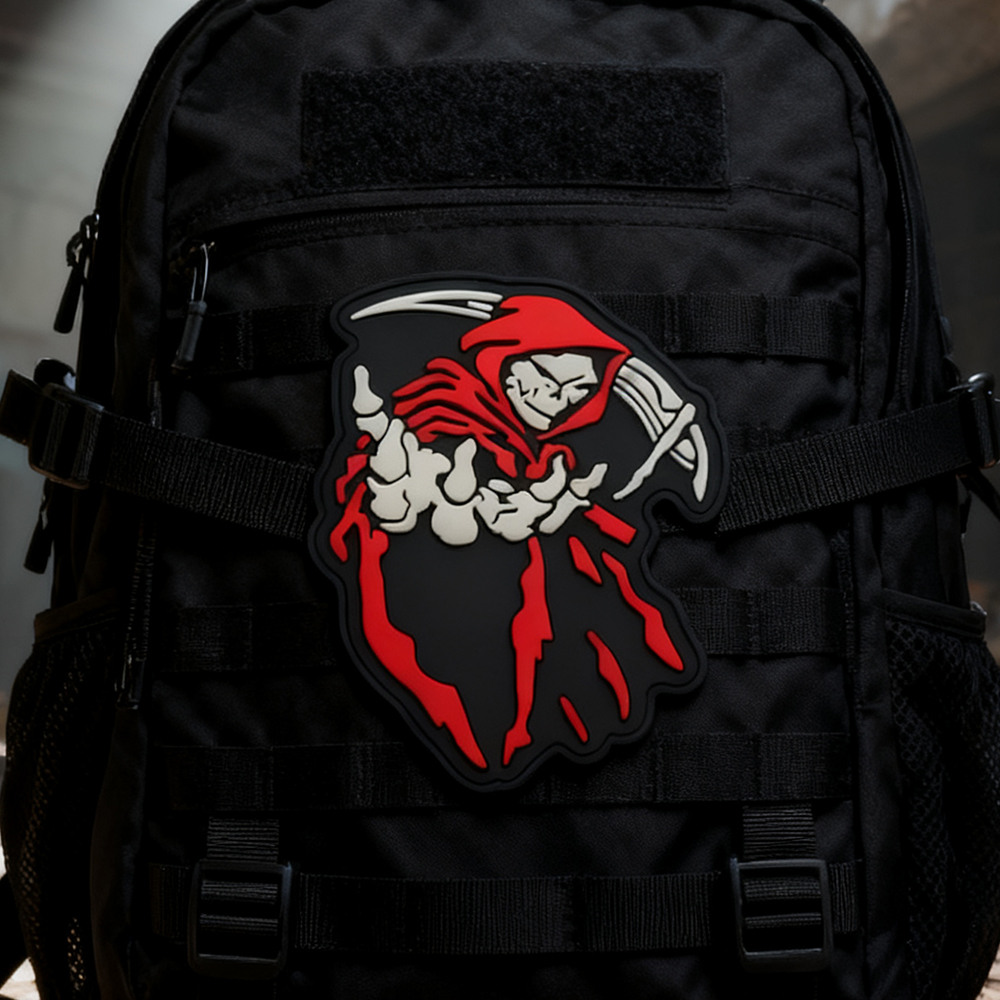 Custom Death Reaper Glow in the Dark PVC Patch 3D Rubber Badge with Hook and Loop Backing for Jackets and Bags