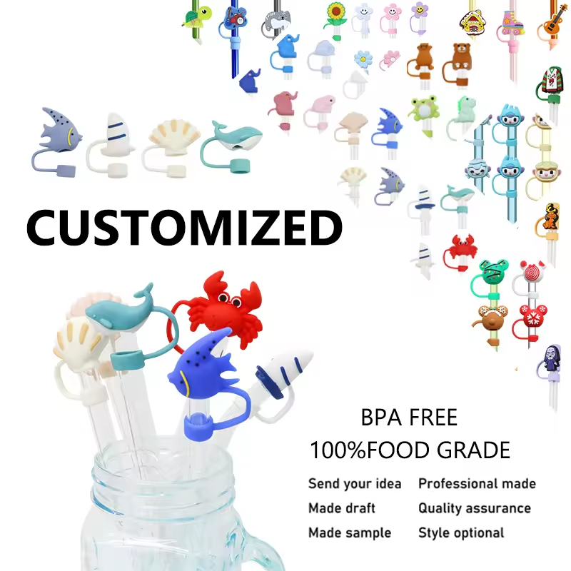 Wholesale Custom Silicon Straw Toppers for Cups Straw Covers in Novelty Design Reusable Straw Covers