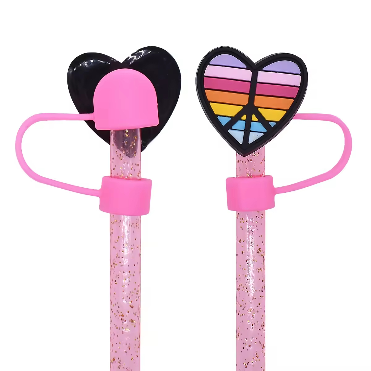 Custom Rainbow Flag Reusable Straws Tips Dust Toppers Covers 10MM Silicone Drinking Rainbow Heart Straw Cover Custom Wholesale