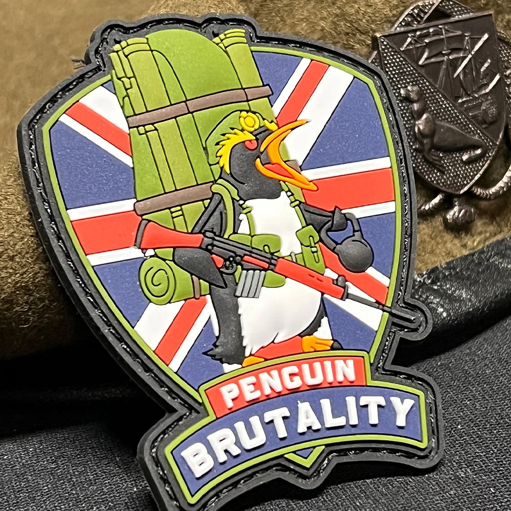 Custom UK Penguin Brutality PVC Patch 3D Soft Rubber Morale Emblem Funny Design Hook and Loop Badge for Jackets and Bags