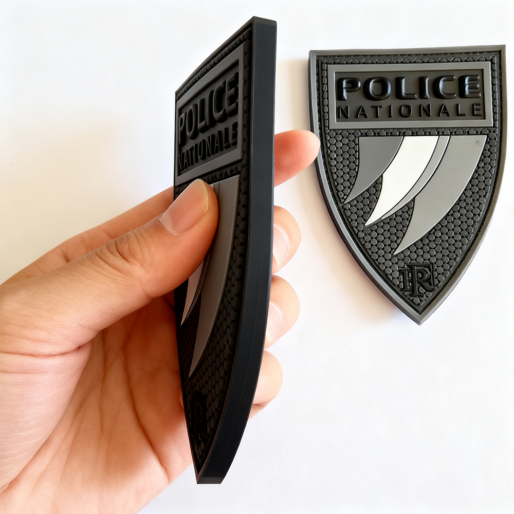 Custom 3D PVC French Style Grey Patch Soft Rubber Emblem Badge with Hook and Loop Backing for Uniform and Outdoor Gear