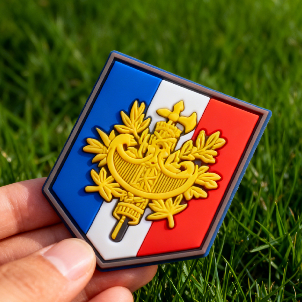 Custom French Shield PVC Patch Soft Rubber Emblem with Hook Loop for Jackets Backpacks Outdoor Gear