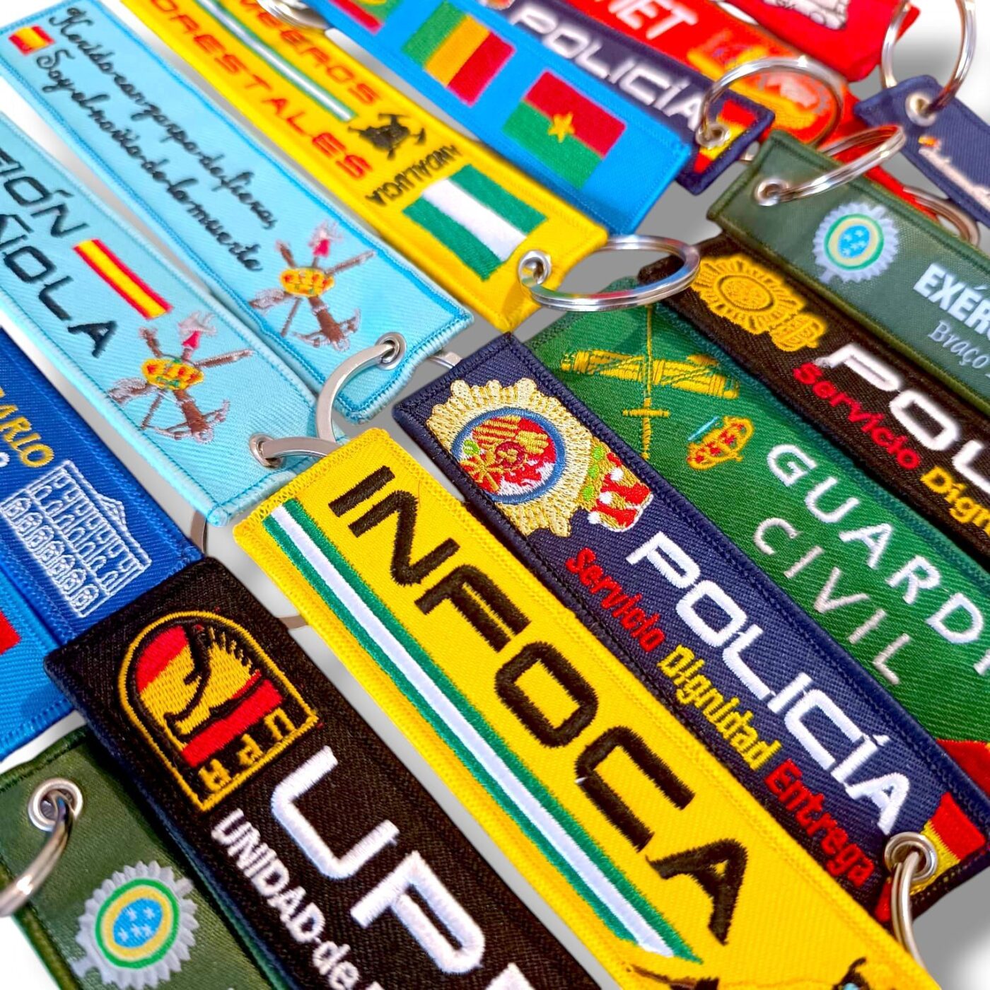 Custom Spain Police Embroidery Key Tag Double Sided Woven Keychain for Uniform and Duty Use OEM