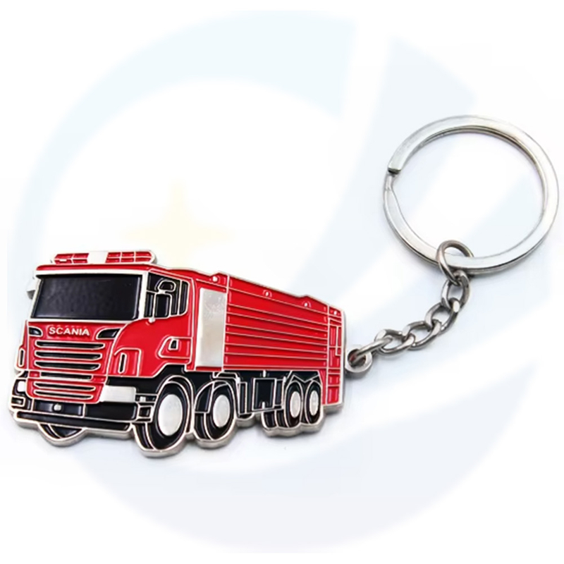Wholesale Promotional Infilled Color Fire Fighting Truck Shaped Metal Keychain
