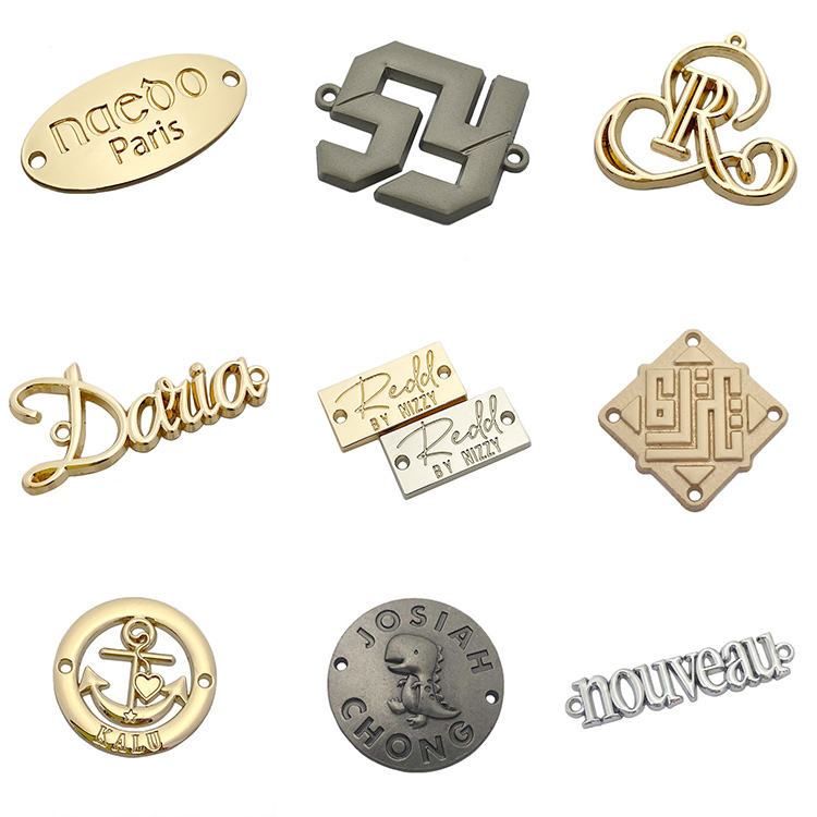 Wholesale Cheap Zinc alloy 2 hole engraved brand logo custom metal tags plates labels for shoes / cloth / bags / swimwear