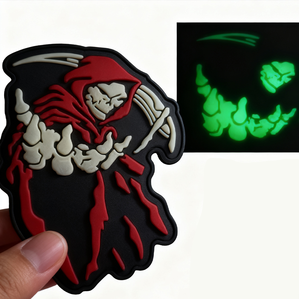 Custom Death Reaper Glow in the Dark PVC Patch 3D Rubber Badge with Hook and Loop Backing for Jackets and Bags