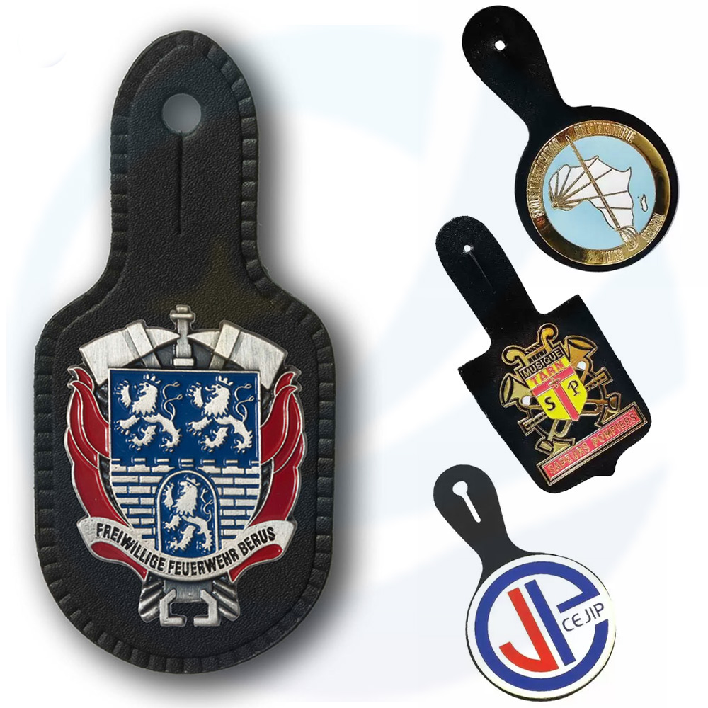 Custom Top Quality Metal Embossed Metal Leather Badge for Uniform Badge with Leather Fob