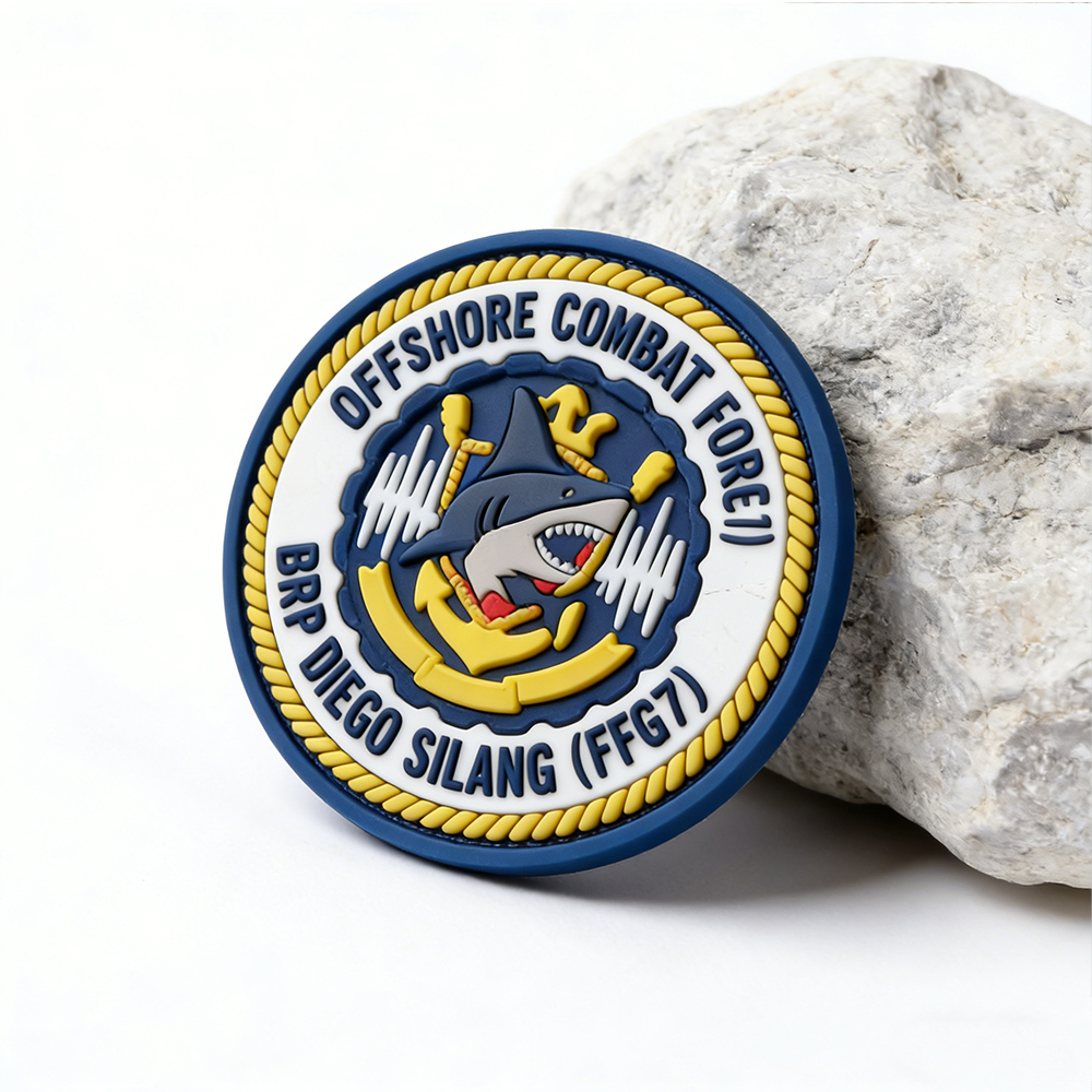 Custom Wholesale Philippines Maritime Service Unit Style Round PVC Tactical Patch Factory Manufacturer with Crown Shark Wave and Vessel Emblem Design