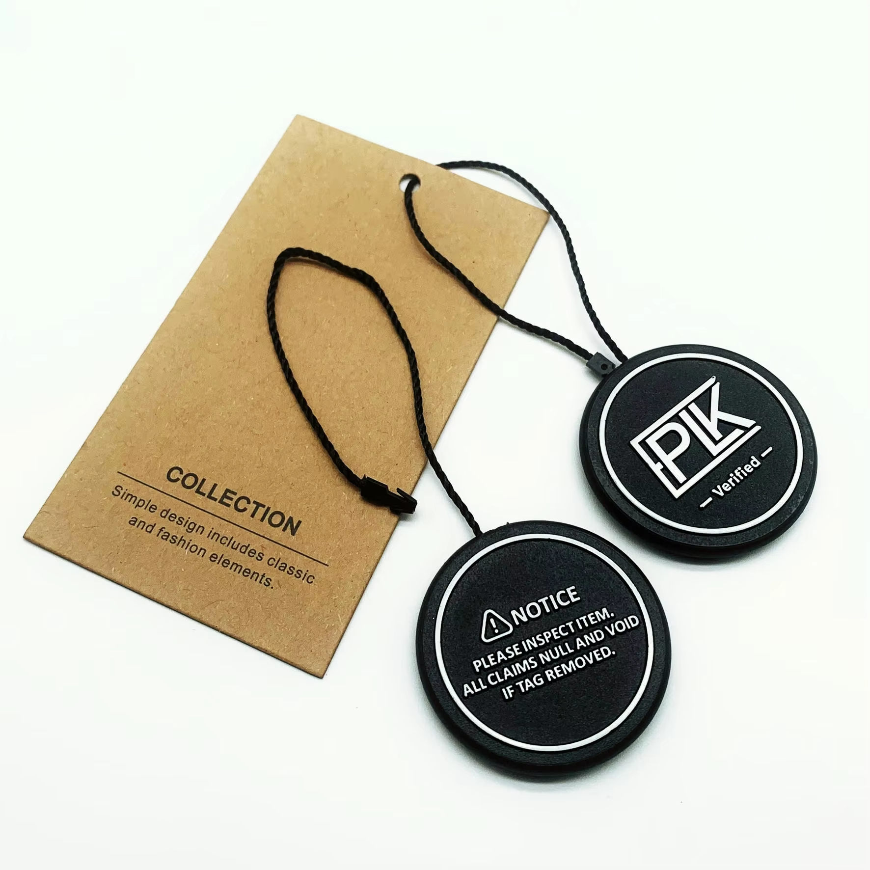 New Design Injection Custom 3D Embossed Name Logo Plastic Hang Seal Tag String for Clothing