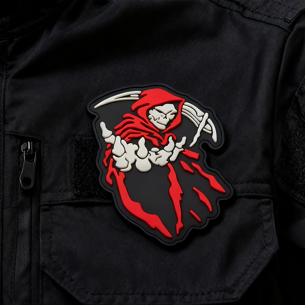 Custom Death Reaper Glow in the Dark PVC Patch 3D Rubber Badge with Hook and Loop Backing for Jackets and Bags
