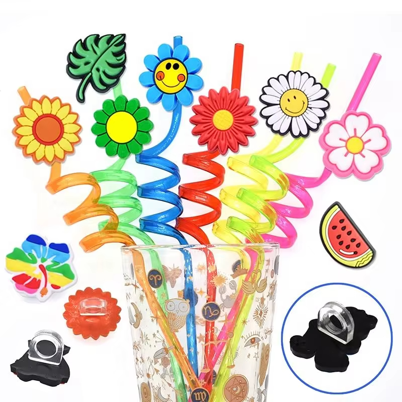Popular soft pvc reusable fit 6-8 mm straw flower plant butterfly straw topper charms