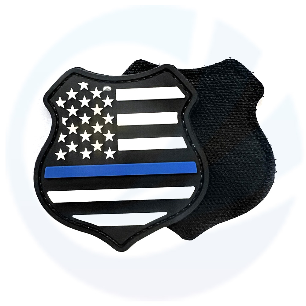 Blue Line Police US Flag Shield PVC Patch