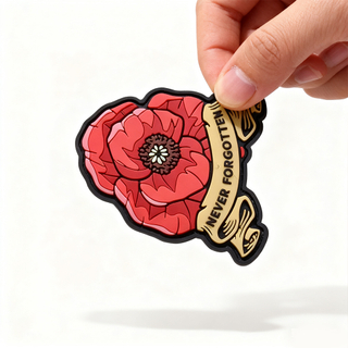 Custom “Never Forgotten” Poppy PVC Patch Soft Rubber Red Flower Memorial Badge Hook and Loop Backing