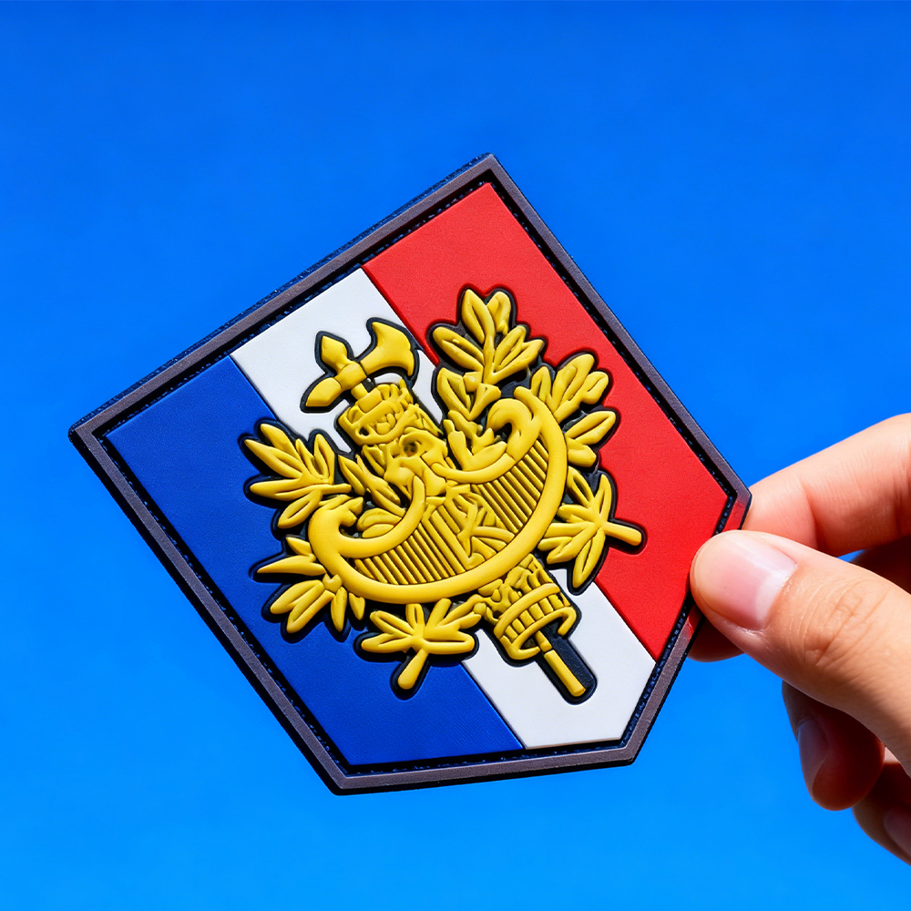 Custom French Shield PVC Patch Soft Rubber Emblem with Hook Loop for Jackets Backpacks Outdoor Gear