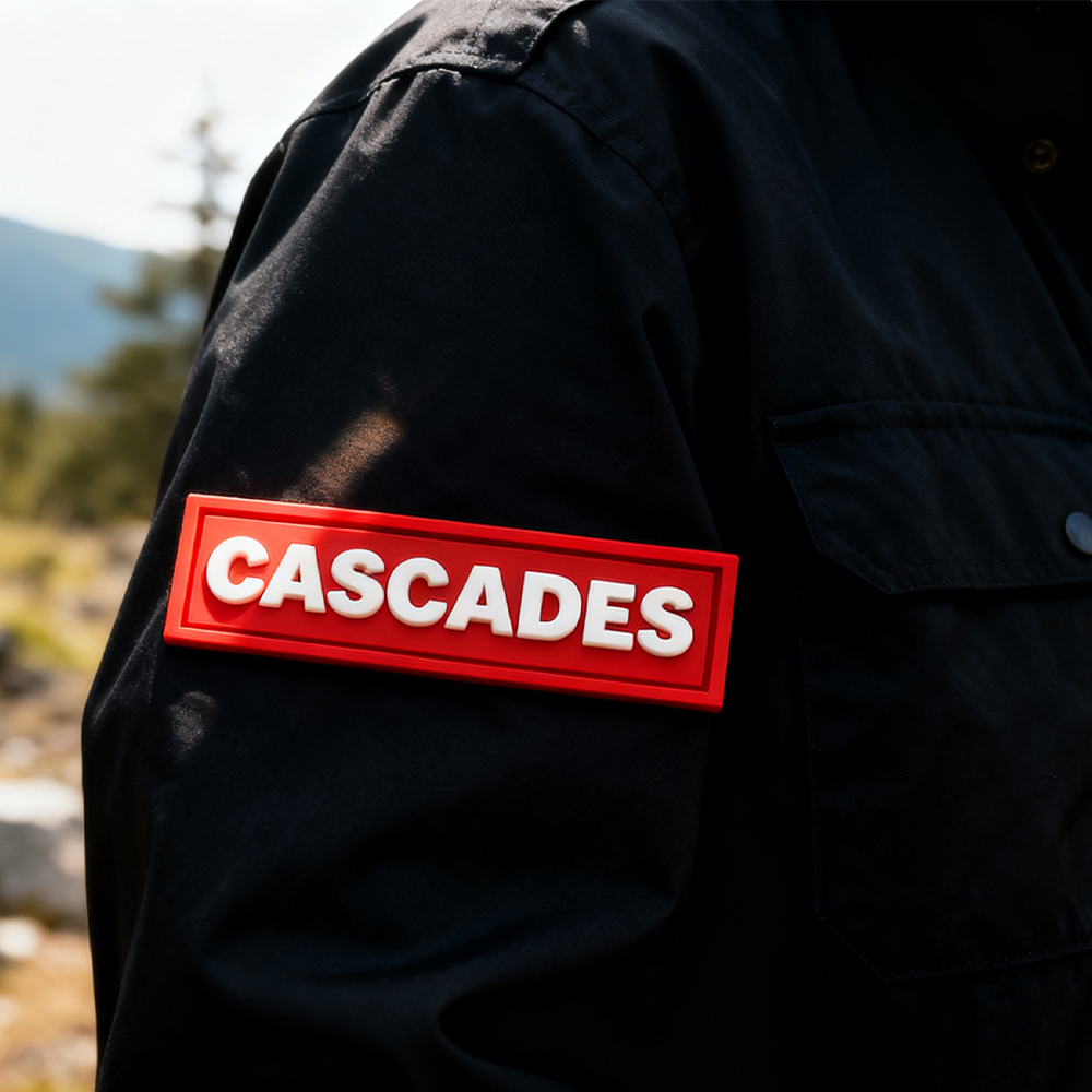 Custom Cascades PVC Label Patch | 3D Rubber Logo Tag with Raised Letters, Durable Soft PVC Emblem for Clothing Bags and Brand Accessories