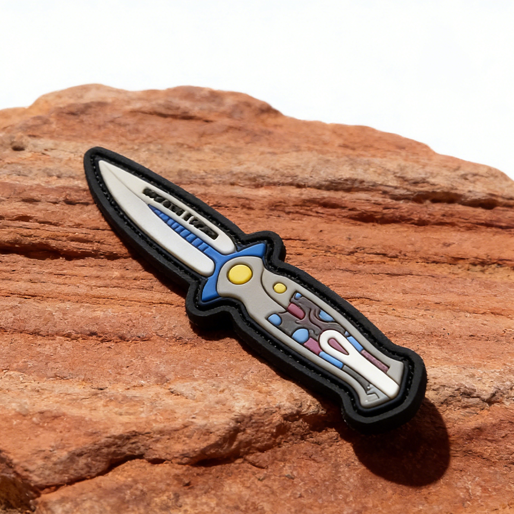 European Folding Knife Shape PVC Patch High Quality Soft Rubber Knife Emblem Creative Knife Design Patch for Apparel Backpacks Decoration