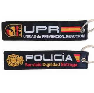 Custom Spain Police Embroidery Key Tag Double Sided Woven Keychain for Uniform and Duty Use OEM