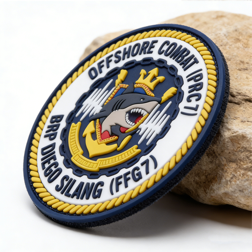 Custom Wholesale Philippines Maritime Service Unit Style Round PVC Tactical Patch Factory Manufacturer with Crown Shark Wave and Vessel Emblem Design
