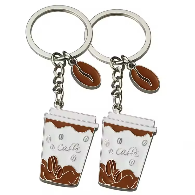 Custom Enamel Freshly Brewed Take Away Coffee Cup Coffee Bean Keyring Keychain