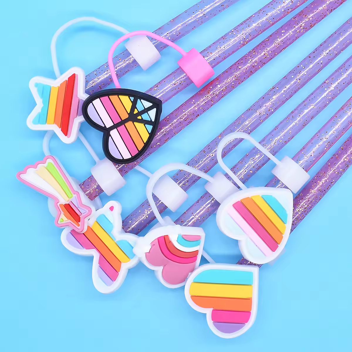 Custom Rainbow Flag Reusable Straws Tips Dust Toppers Covers 10MM Silicone Drinking Rainbow Heart Straw Cover Custom Wholesale