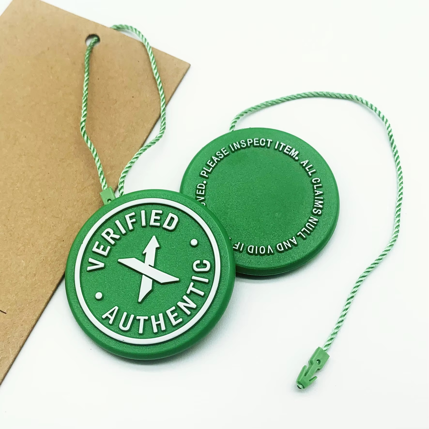 New Design Injection Custom 3D Embossed Name Logo Plastic Hang Seal Tag String for Clothing