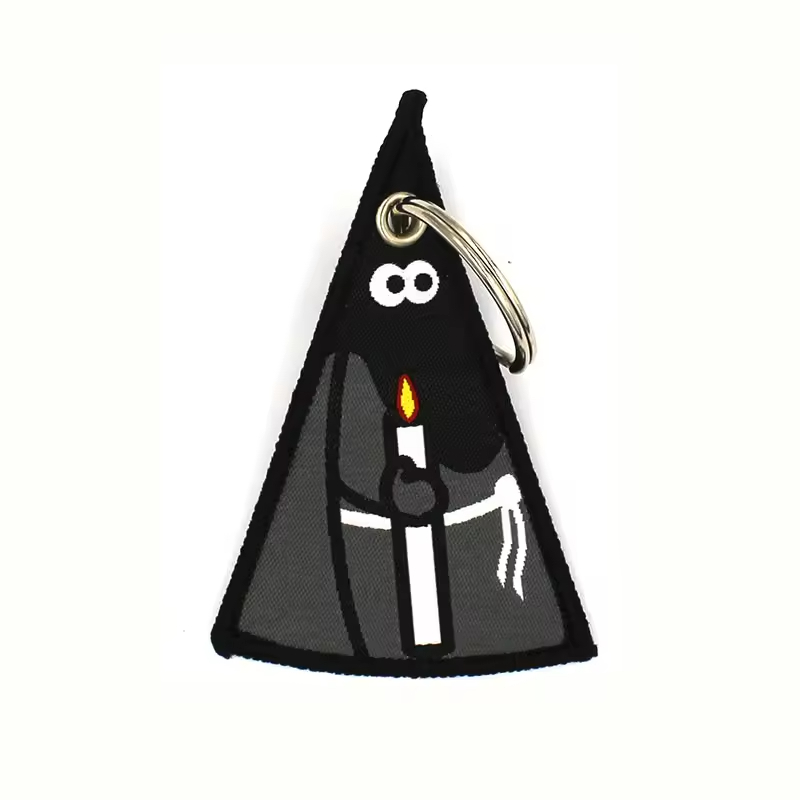 OEM Shape Label Logo Woven Gift Motorcycle Car Polyester Sublimation Embroidered Key Ring Chain Anime Custom Keychain Jet Tags
